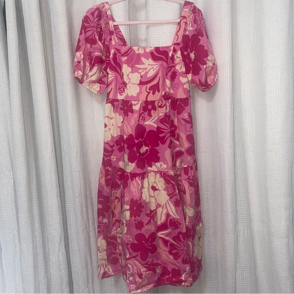 CRYSTAL SKY Floral Pink Tiered Puff Sleeve Midi Dress